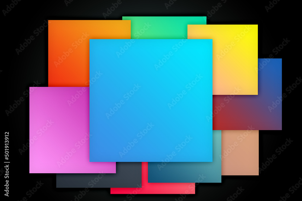 Colorful shiny shapes of boxes. trendy creative design of squares with black background