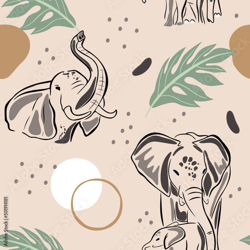 seamless pattern abstract elephant and tropic leaves. Modern style. Vector, illustration
