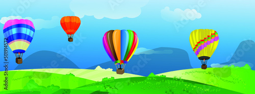 Summer or spring landscape with colorful balloons floating in the sky. Perfect for banner design, tickets, flyers, cards, posters and more green grass, blue sky and balloons.