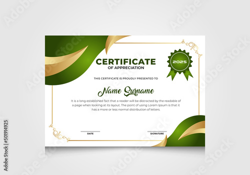 Green and gold certificate template. Diploma vector certificate.