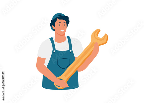 Car or electronics repair service worker with wrench. People in repair process, mechanics work fix breakdowns.
