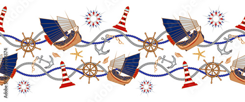 Nautical, border marine concepts seamless pattern design with rope, sailboat, ship wheel, lighthouse, anchor, marine elements, icons long horizontal background