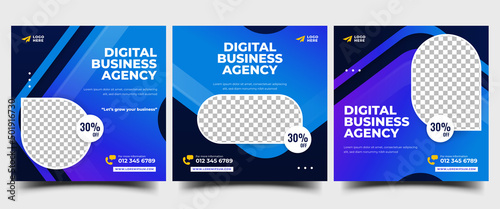 Set of Digital business agency promotion social media post template. Editable square banner with blue background and place for the photo. Usable for social media post, banner, and web.