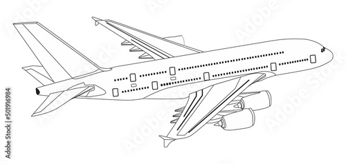 Plane commercial jet aeroplane flying on isolated background travel tourism concept airline passenger with outline of parts cockpit body wings tail aircraft on the air business vector airplane object