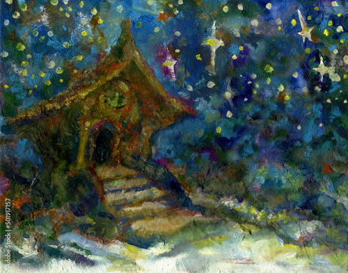 Old house and night starry sky. Oil painting. Fairy tale and legend.