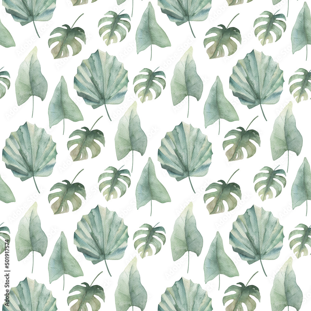 Watercolor exotic seamless pattern, jungle leaves, botanical summer illustration on white background Watercolor exotic seamless pattern, jungle leaves, botanical summer illustration on white background