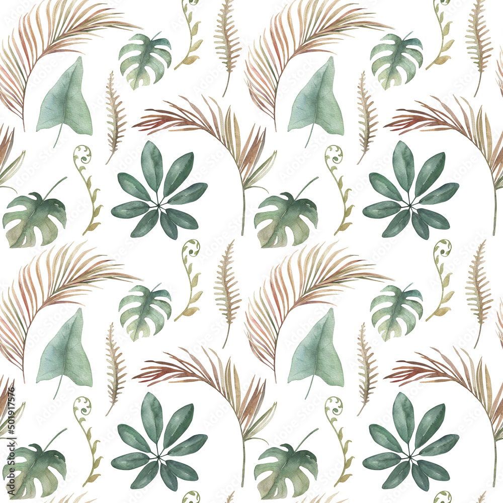 Watercolor exotic seamless pattern, jungle leaves,  botanical summer illustration on white background