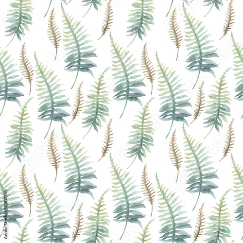 Watercolor exotic seamless pattern, jungle leaves, botanical summer illustration on white background