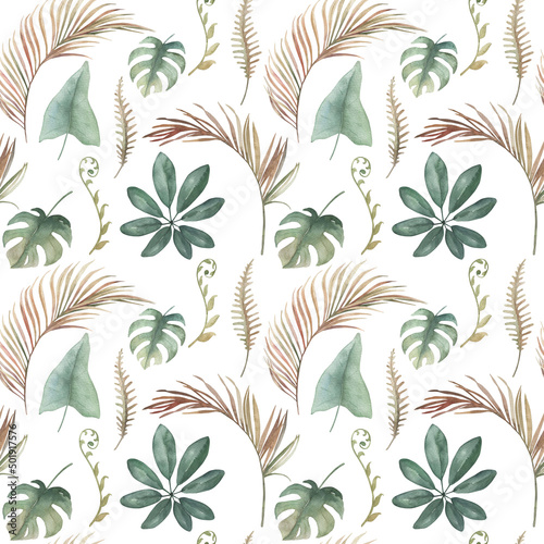 Watercolor exotic seamless pattern, jungle leaves, botanical summer illustration on white background © natikka