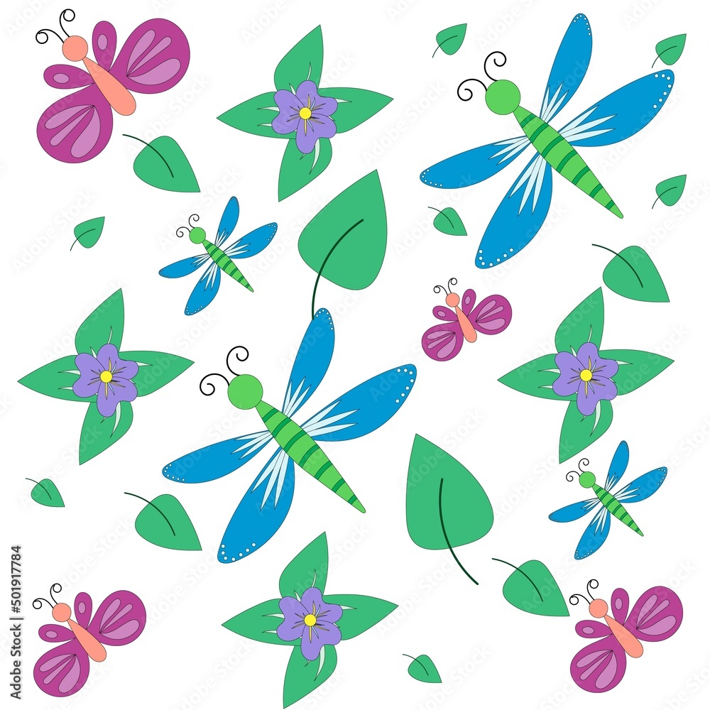 Colorful seamless pattern with insects and flowers. Butterfly and dragonfly design. Floral pattern for wallpaper, fabric and wrapping paper.
Colorful seamless pattern with insects and flowers. Butterfly and dragonfly design. Floral pattern for wallpaper, fabric and wrapping paper.
