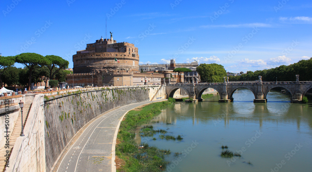 Castle of Sant'Angelo and the bridge over the Tiber River in Rome, Italy	