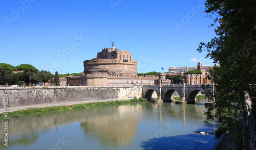 Castle of Sant'Angelo and the bridge over the Tiber River in Rome, Italy