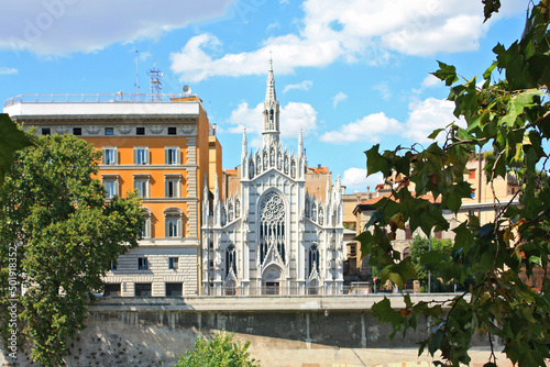 Landscape with the gothic church named 'Chiesa del Sacro Cuore del Suffragio' in Rome photo