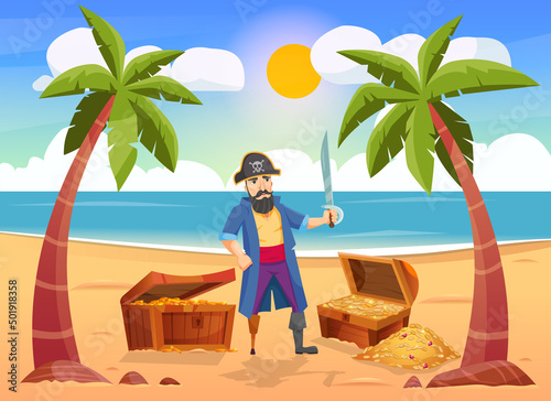 Pirate composition with island landscape human character with treasure chest