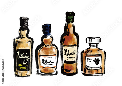 お酒のボトル4本の手描き和風イラスト