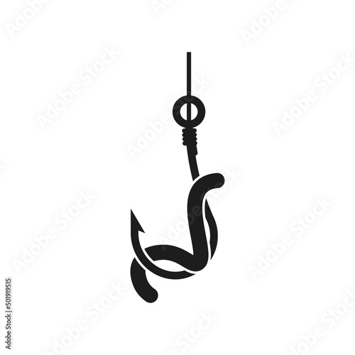 Worm on fishing hook icon. Vector. Flat design.