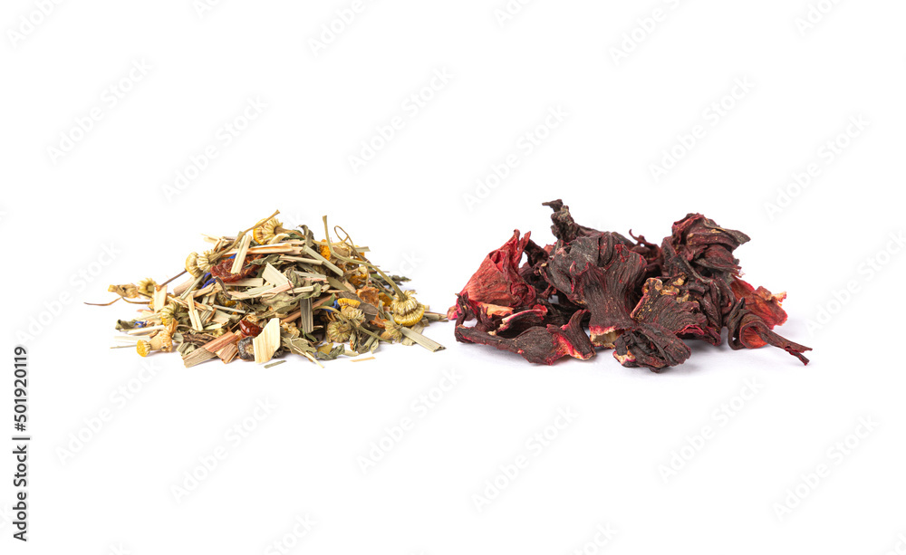 Mound of herbal and hibiscus tea isolated on white background.Ceylon tea. Tea concept. Assortment.