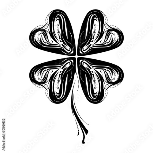 Black four-leaf clover in vector. Ornate illustration