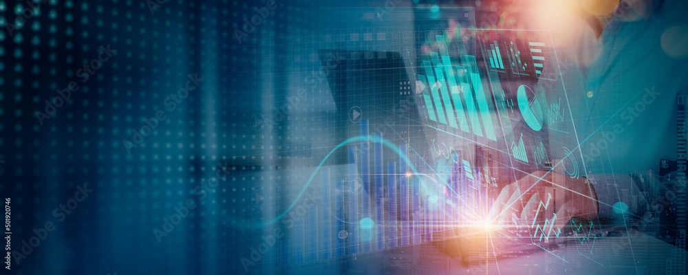 Businessman working with laptop computer on Technology and digital marketing. Financial and banking with global network connection on investor and customer with sale data exchange and development