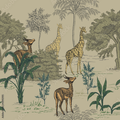 Tropical ink drawn palm trees,  giraffe, fawn summer floral seamless pattern.Exotic safari wallpaper.