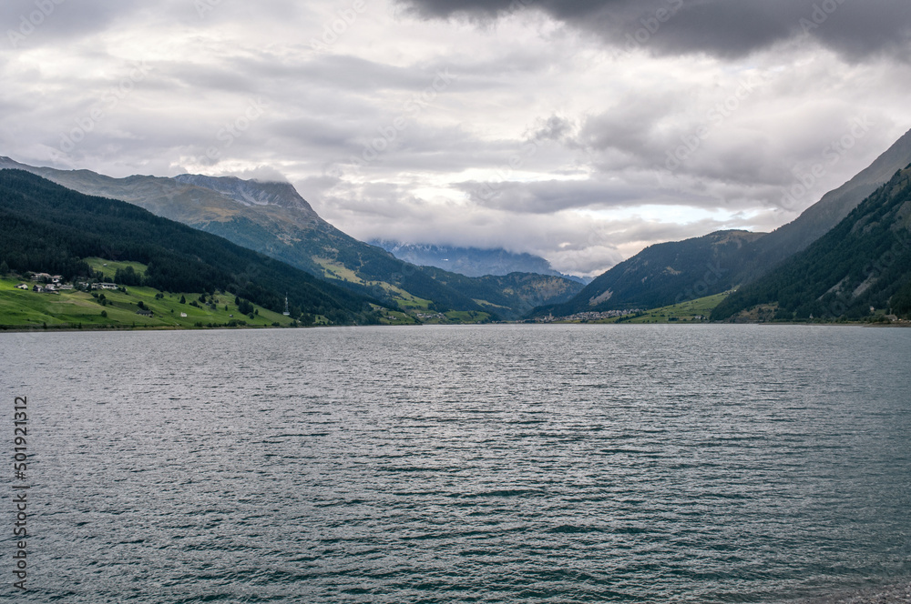 Lake Reschensee in the mountains between Austria, Italy and Switzerland