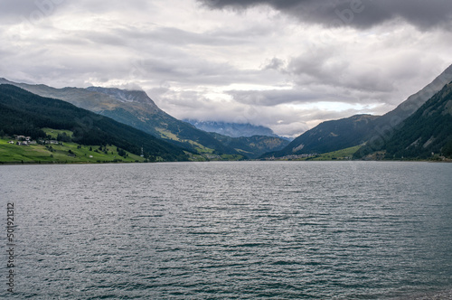 Lake Reschensee in the mountains between Austria  Italy and Switzerland