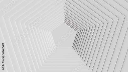 White abstract background of parallel pentagons with a platform in the center of the frame.