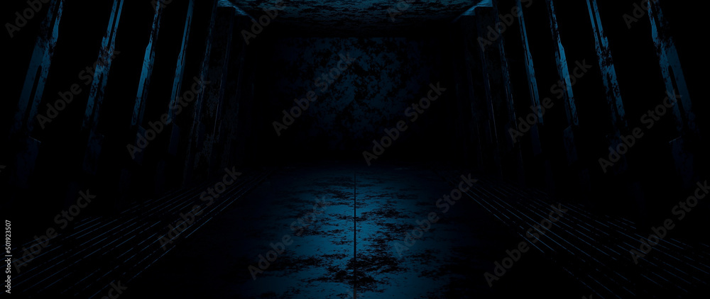 Obraz premium Dark empty stage, street, night smog and smoke, neon light. Dark background of the night city, ray of light in the dark. Concrete floor, dark wall 3D Render