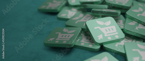 Green concept with shopping leaf icon related to environmentally friendly organic shopping or ecommerce, sustainable procurement or purchasing, zero waste 3D Render photo