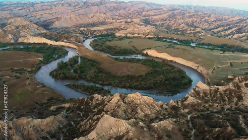 Aerial view Mijniskure landscape with Alazani river bordering Azerbaijan and Georgia. photo