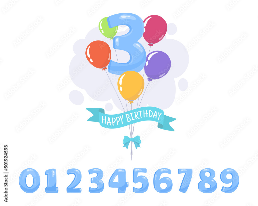 Birthday balloons with number and ribbon, Bunch of balloons for boys birthday party, blue balloon numbers vector illustration Birthday balloons with number and ribbon, Bunch of balloons for boys birthday party, blue balloon numbers vector illustration