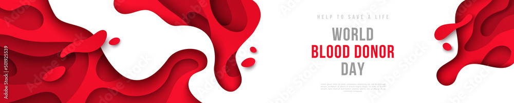 Medical concept header or banner with red abstract paper cut shapes and drops. 14 June World blood donor day. Place for text. Vector illustration. Donation save life. Anemia hemophilia template Medical concept header or banner with red abstract paper cut shapes and drops. 14 June World blood donor day. Place for text. Vector illustration. Donation save life. Anemia hemophilia template