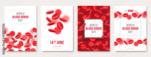 World donor day set of posters or flyers, charity medical design with 3d red cells. Vector illustration. Place for text. Blood Donation save life, hospital background. Anemia hemophilia cards photo