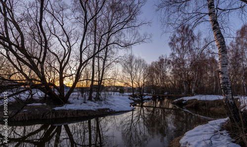 Wallpaper Mural Mystical evening landscape by the river. Sunset through the trees, reflection in the water. Spring rural motif. Torontodigital.ca