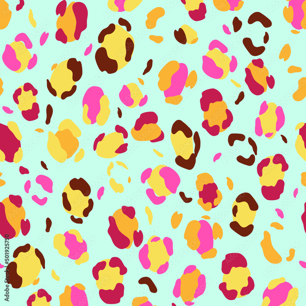 Animal leopard vector pattern. Pink, yellow print. Blue background. Wrapping paper. Textile design. Animal leopard vector pattern. Pink, yellow print. Blue background. Wrapping paper. Textile design.