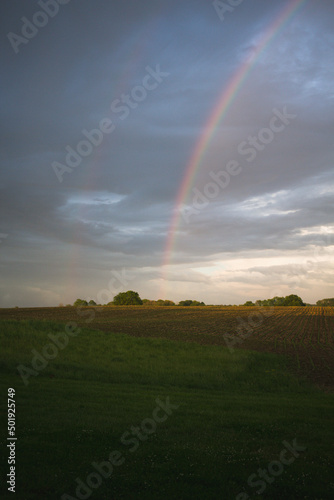 Double rainbow over field in Indiana united states 
