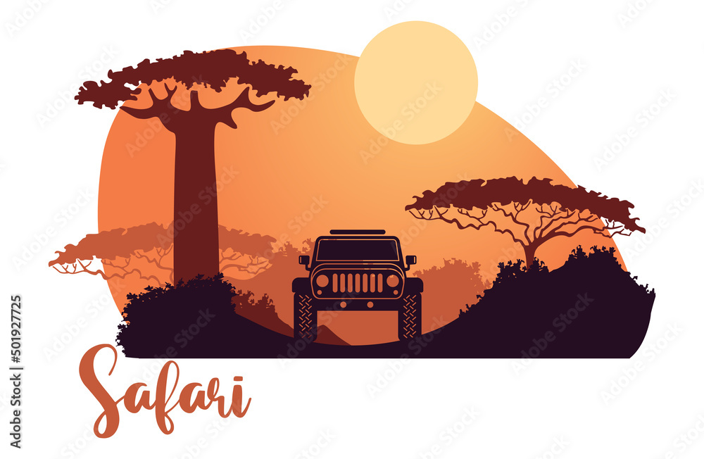 African safari silhouetes with an SUV and sunset - obrazy, fototapety, plakaty 