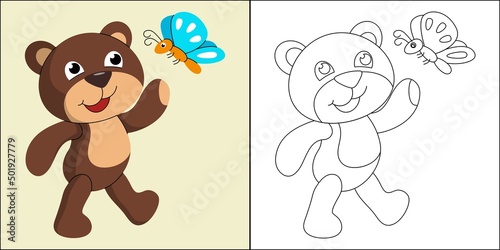 Cute bear and butterfly suitable for children's coloring page vector illustration