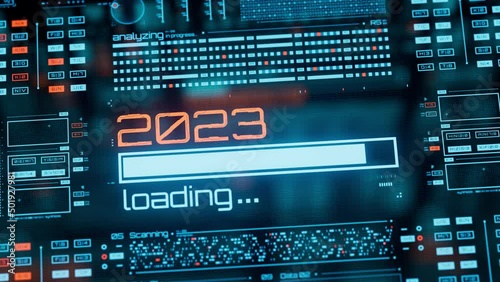 2023 year progress bar on digital lcd display with reflection. Abstract technology background. 3D rendering.