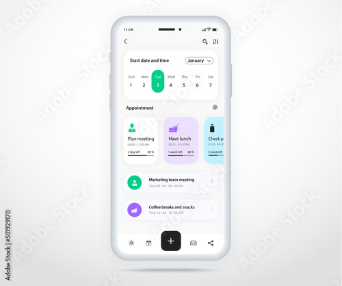 Mobile app calendar planner concept, Appointment calendar template UI UX, Smartphone calendar schedule agenda annual planning meeting application, Calendar events, Activity, Event app, Vector phone
