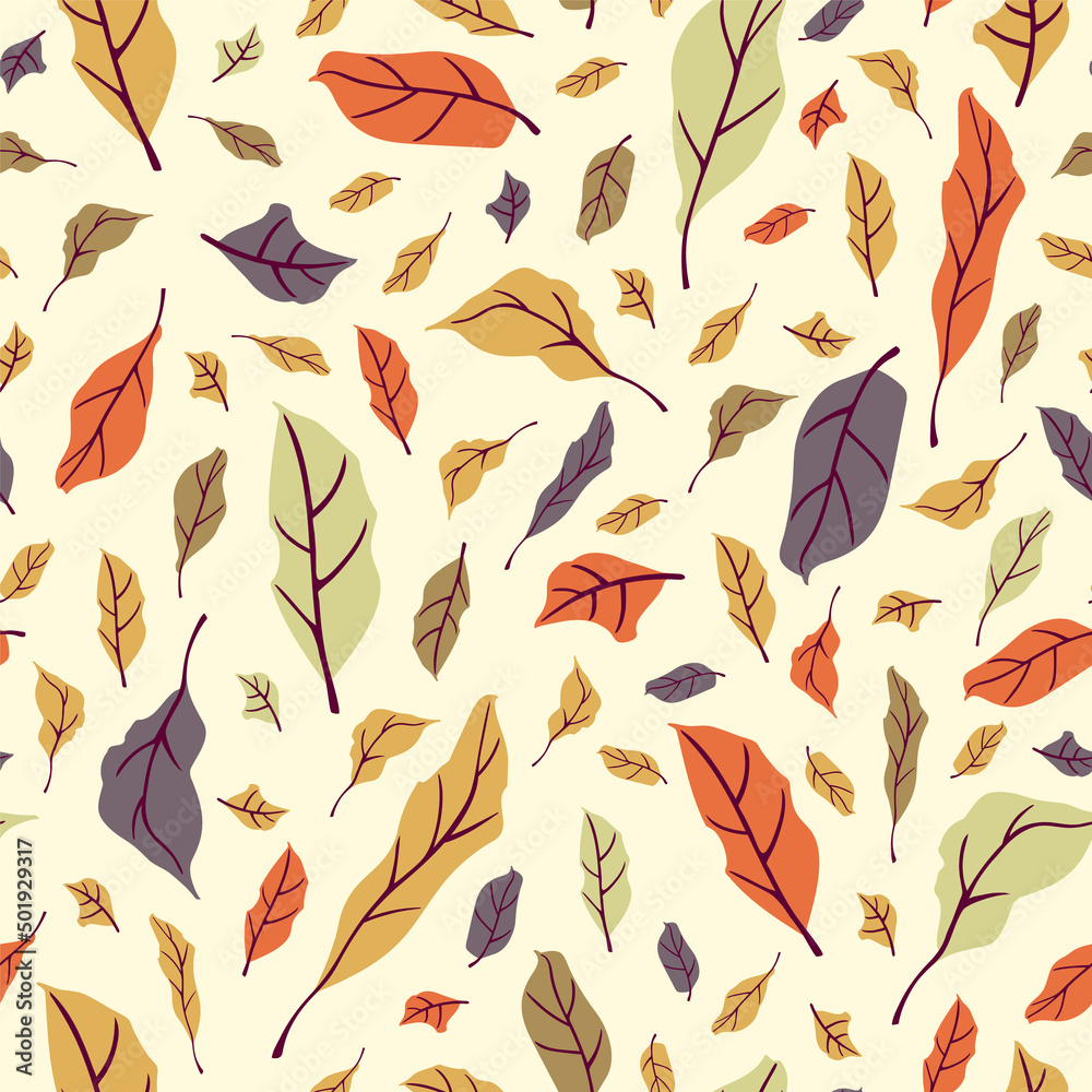 Obraz premium Seamless texture with autumn leaves and fall. Vector pattern of foliage on a light background. Print with leaf.