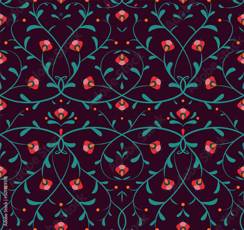 Floral seamless pattern. Vector texture with flowers and leaves on a dark background. Print for souvenirs, textiles, fabrics, home decor.