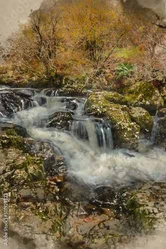 Fototapeta Naklejka Na Ścianę i Meble -  Digital watercolour painting of Stunning vibrant landscape image of Aira Force Upper Falls in Lake District during colorful Autumn showing