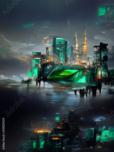 A 3d digital render of a green cyberpunk city with a h uge green gem being transported in the rain. photo