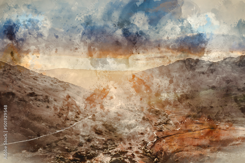 Digital watercolour painting of Beautiful landscape image of sunrise from Blea Tarn in Lake District during stunning Autumn showing