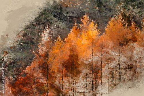 Digital watercolour painting of Stunning landscape of dramatic sunrise light over Blea Tarn in Lake District with stunning light