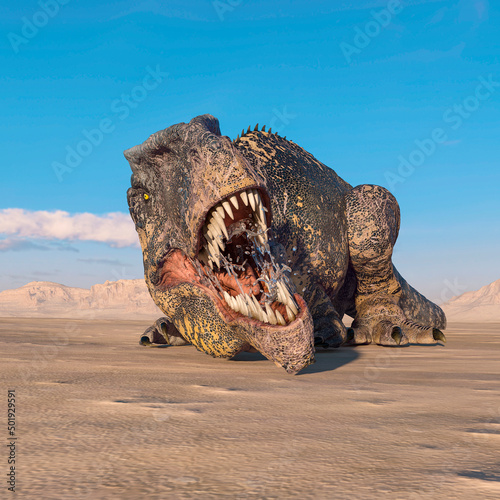 giganotosaurus is lying down on sunset desert