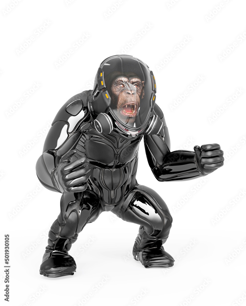 chimpanzee astronaut is angry in white background