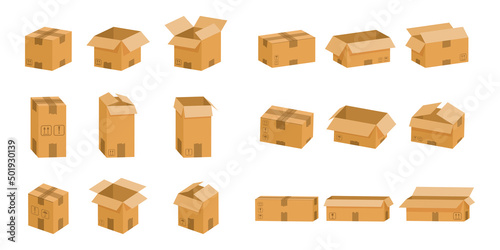 Carton boxes. Open and closed cardboard objects. Vector paper parcel for post delivery