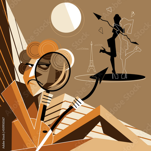 Cupid with a spoiled arrow and two girls in love in Paris. Vector illustration. Caricature.